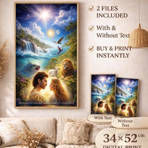 Può includere: Stampa digitale di arte murale biblica raffigurante la creazione, con una coppia, animali e cascate. L'opera d'arte include testo ed è disponibile con e senza testo. Misura 34 x 52 cm.