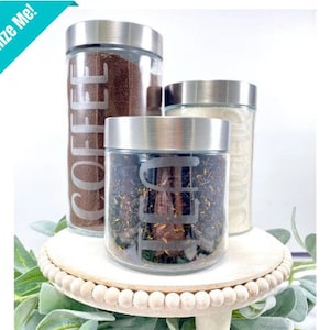 Coffee Bar Canisters, Glass Kitchen Canister, Coffee Canister, Sugar Canister, Tea Canister, Kitchen Jars, Kitchen Decor, Etched Glass