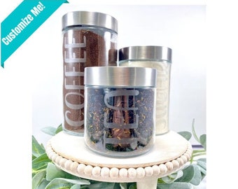 Coffee Bar Canisters, Glass Kitchen Canister, Coffee Canister, Sugar Canister, Tea Canister, Kitchen Jars, Kitchen Decor, Etched Glass