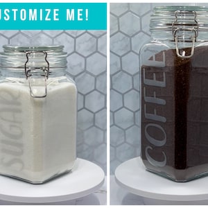 Coffee Bar Canister, Glass Mason Jar, Coffee Canister, Sugar Canister, Tea Canister, Kitchen Jars, Kitchen Decor, Etched Glass
