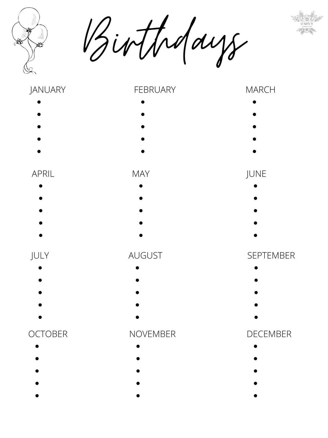 Important Dates Planner, Birthday Tracker, Birthday Calendar, Birthday
