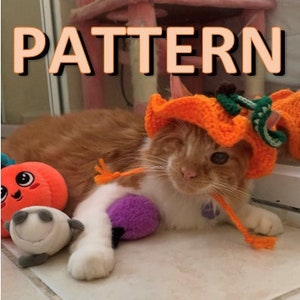 May include: A ginger cat wearing a crocheted pumpkin hat, with a white chest and paws, is lying down with a plush toy pumpkin and a purple plush toy. The cat is looking at the camera with one eye closed.
