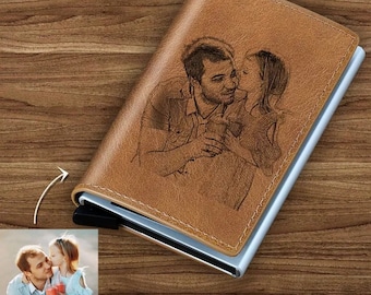 Cartera de cuero con imagen de tarjetas de crédito grabadas personalizadas para el día del padre, novio, regalo de cumpleaños, regalo de aniversario