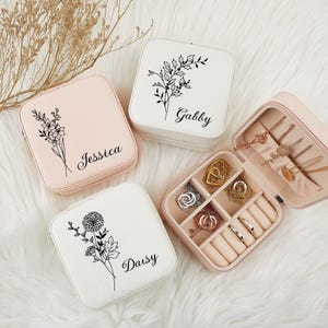 Personalisierte Schmuckschatulle mit Gravur Geburtsblume, Geschenk für sie, Reiseschmuckschatulle, Geburtstagsgeschenk, Brautpartygeschenke, Brautjungfer Geschenke