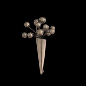 May include: A silver brooch in the shape of a vase with a cluster of round silver balls on top.