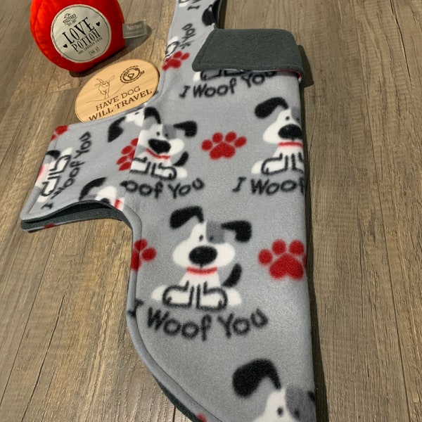 Dachshund| Dog Coat | I Woof You Printed Fleece |  Warm and Cosy | Sizes XXS-L Limited Edition Print |Double Lined for warm