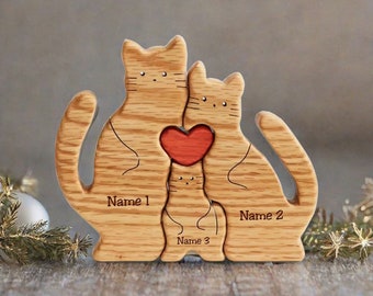 Puzzle de famille de chats en bois, puzzle de nom de chat en bois, cadeau de famille d'animaux, figurines d'animaux, cadeau d'anniversaire, puzzle de famille de chats pour la fête des mères