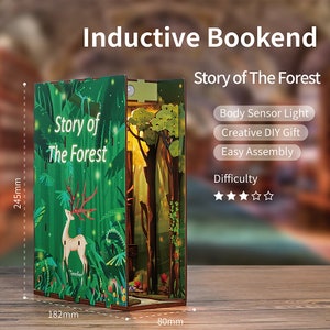 Story of The Forest DIY Wooden Bookend Creative Booknook, 3D Puzzle Decorative Bookshelf Insert Diorama Model with Led Light and Body Sensor