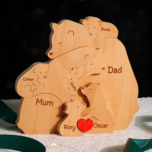 Puzzle de famille ours en bois, puzzle ours, souvenir de famille, jouet animal, cadeau de famille ours, puzzle de famille ours avec coeur pour cadeau de fête des mères