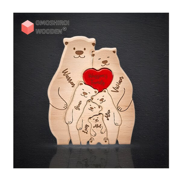 Cadeau de famille en bois personnalisé avec un ours mignon, Puzzle en bois d'ours en bois, cadeau de famille, Puzzle d'ours personnalisé, Puzzle de famille d'ours pour la fête des mères