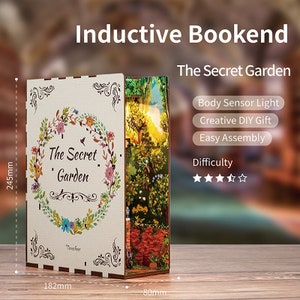 The Secret Garden DIY Wooden Bookend, Creative Booknook, 3D Puzzle Decorative Bookshelf Insert Diorama Kit with Led Light and Body Sensor