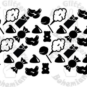 Puede incluir: Ilustraci&oacute;n en blanco y negro de varios dulces y golosinas, incluyendo barras de chocolate, gominolas, piruletas, besos de caramelo y algod&oacute;n de az&uacute;car.