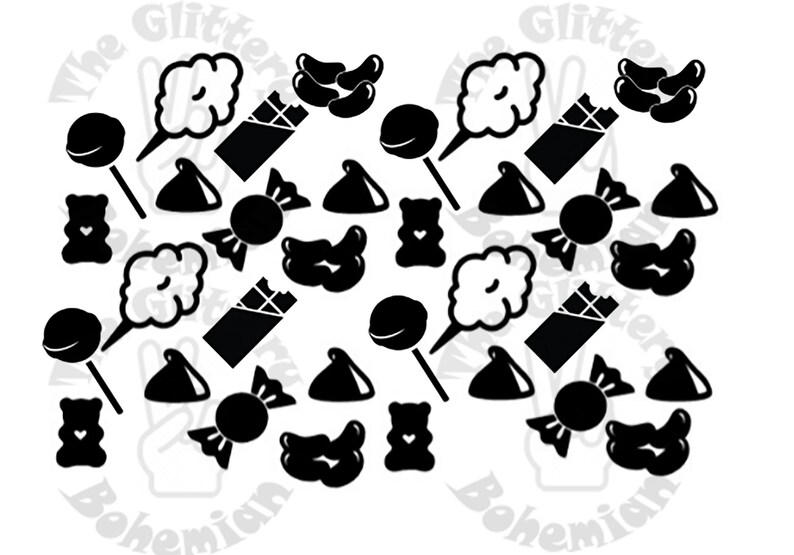 Puede incluir: Ilustraci&oacute;n en blanco y negro de varios dulces y golosinas, incluyendo barras de chocolate, gominolas, piruletas, besos de caramelo y algod&oacute;n de az&uacute;car.