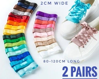 2 Pairs of Satin Shoelaces 2Cm Wide Unisex Various Colors Ribbon Shoe Laces Flat 80cm, 100cm & 120cm Long