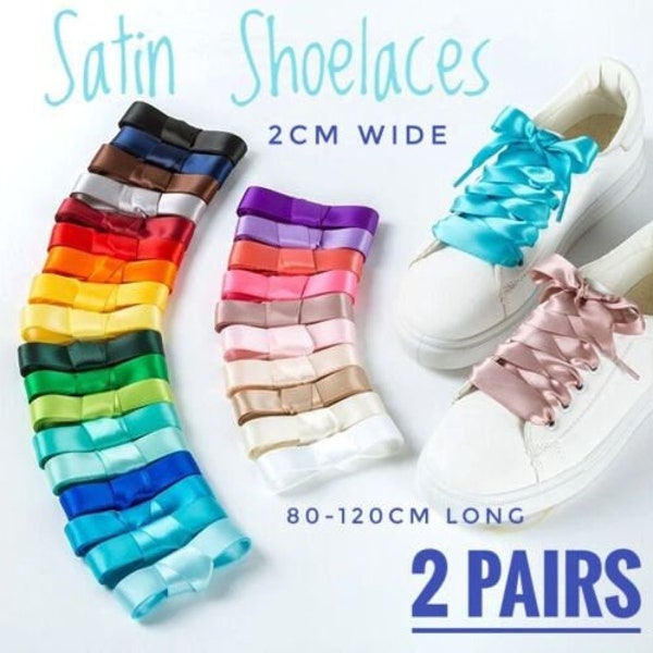 2 Pairs of Satin Shoelaces 2Cm Wide Unisex Various Colors Ribbon Shoe Laces Flat 80cm, 100cm & 120cm Long