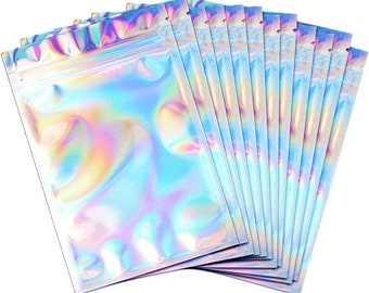 100 Pack Resealable Smell Proof Bags, Foil Ziplock Bags, Flat Clear Food Storage Doy Pouch Aluminium Foil Plastic Bags, Holographic Rainbow