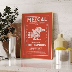 Red and Tan Vintage Oaxaca Mezcal Bar Cart Wall Art