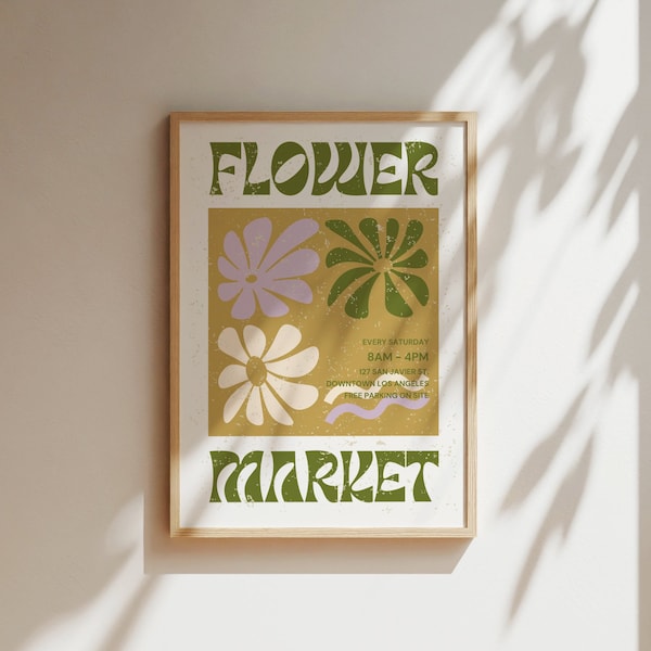 Retro-Inspired Los Angeles Flower Market Poster Purple and Green