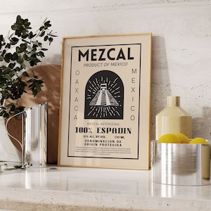 Tan and Black Vintage Oaxaca Mezcal Bar Cart Wall Art