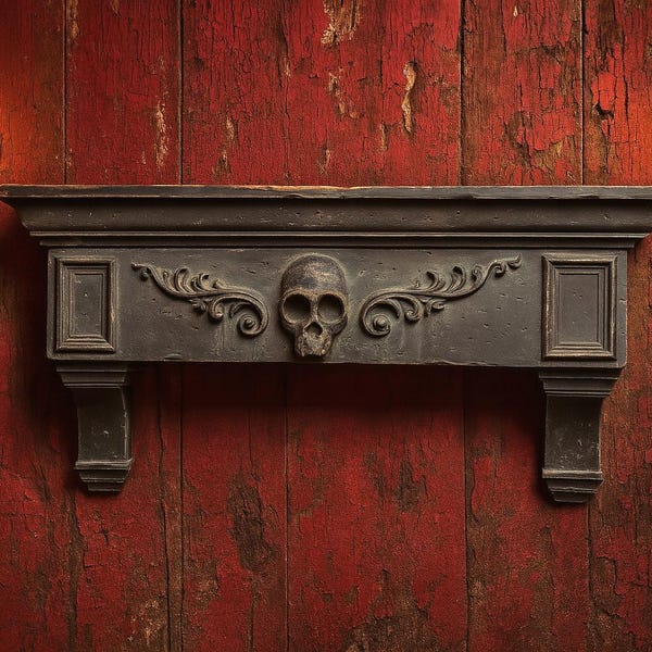 Custom 24" Victorian Gothic Distressed Black Skull Mantle Shelf with Corbels - Catacomb Curiosities Collection– Handmade High-End Decor