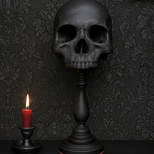 Black Skull Pedestal Centerpiece – NEW Catacomb Curiosities Collection – Antique-Inspired Gothic Skull Decor by Tilted Tombstone Studios