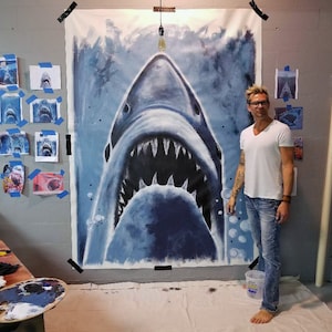 JAWS Original Hand-Painted Acrylic Graffiti-style Wall Mural – 8&#39;x6&#39; Shark Tribute Art on Canvas | Signed Movie-Inspired Masterpiece