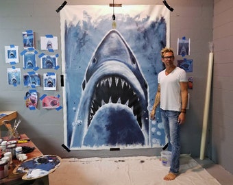 JAWS オリジナル手描きアクリルグラフィティスタイル壁画 - キャンバス
