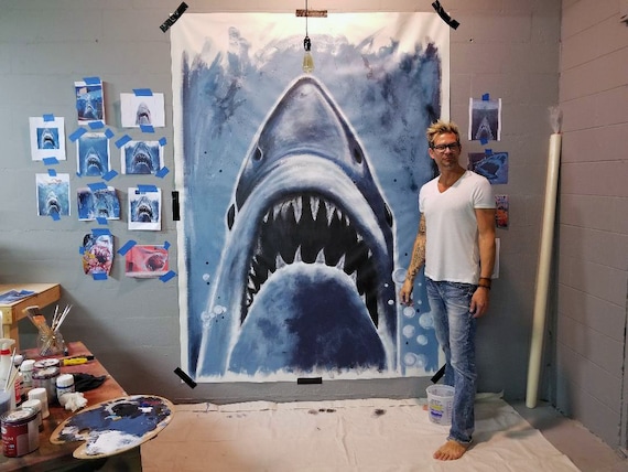 JAWS オリジナル手描きアクリルグラフィティスタイル壁画 - キャンバス
