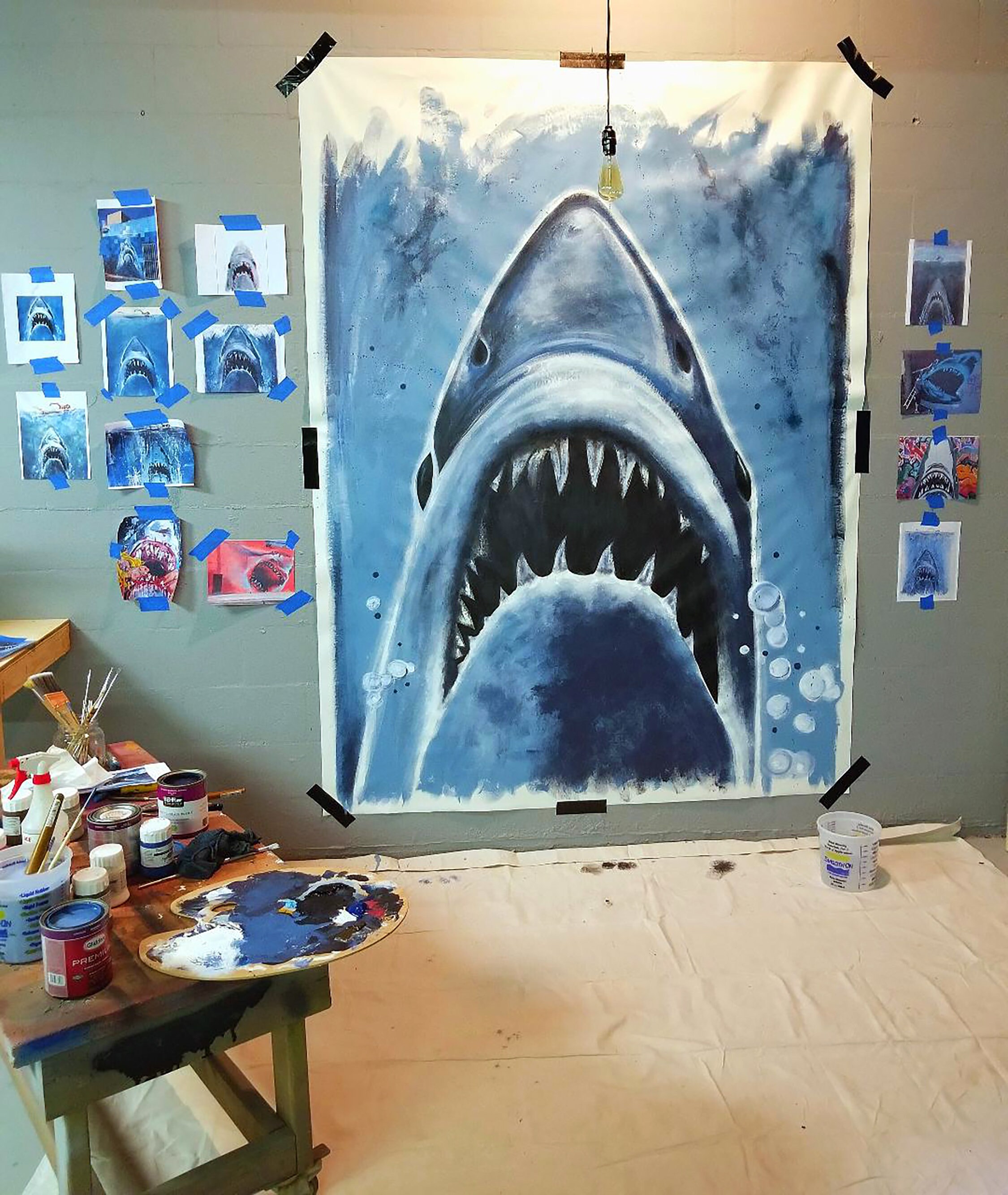 JAWS オリジナル手描きアクリルグラフィティスタイル壁画 - キャンバス