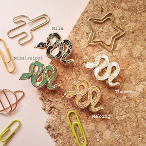 May include: Five gold-toned enamel pins shaped like snakes, each with a different colour pattern and a river name printed below. The pins are arranged on a corkboard background.