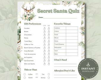 Secret Santa Quiz Printable | Holiday Gift Swap | Secret Santa Questionnaire | Work Secret Santa Game | Favorite Things Quiz