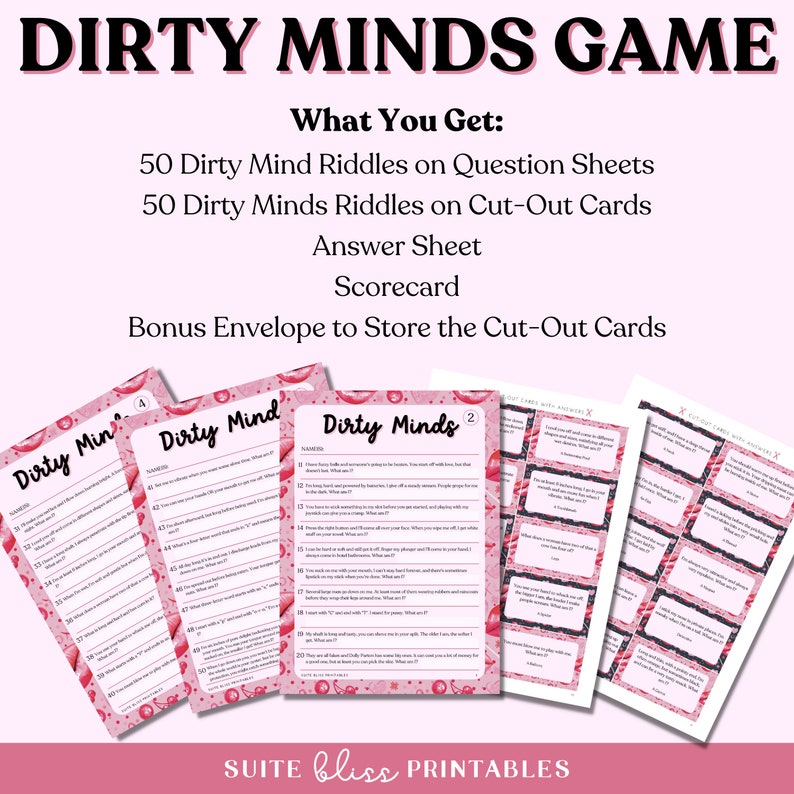 Dirty Minds Game. 50 Printable Dirty Minds Riddles for Epic Hen Party ...