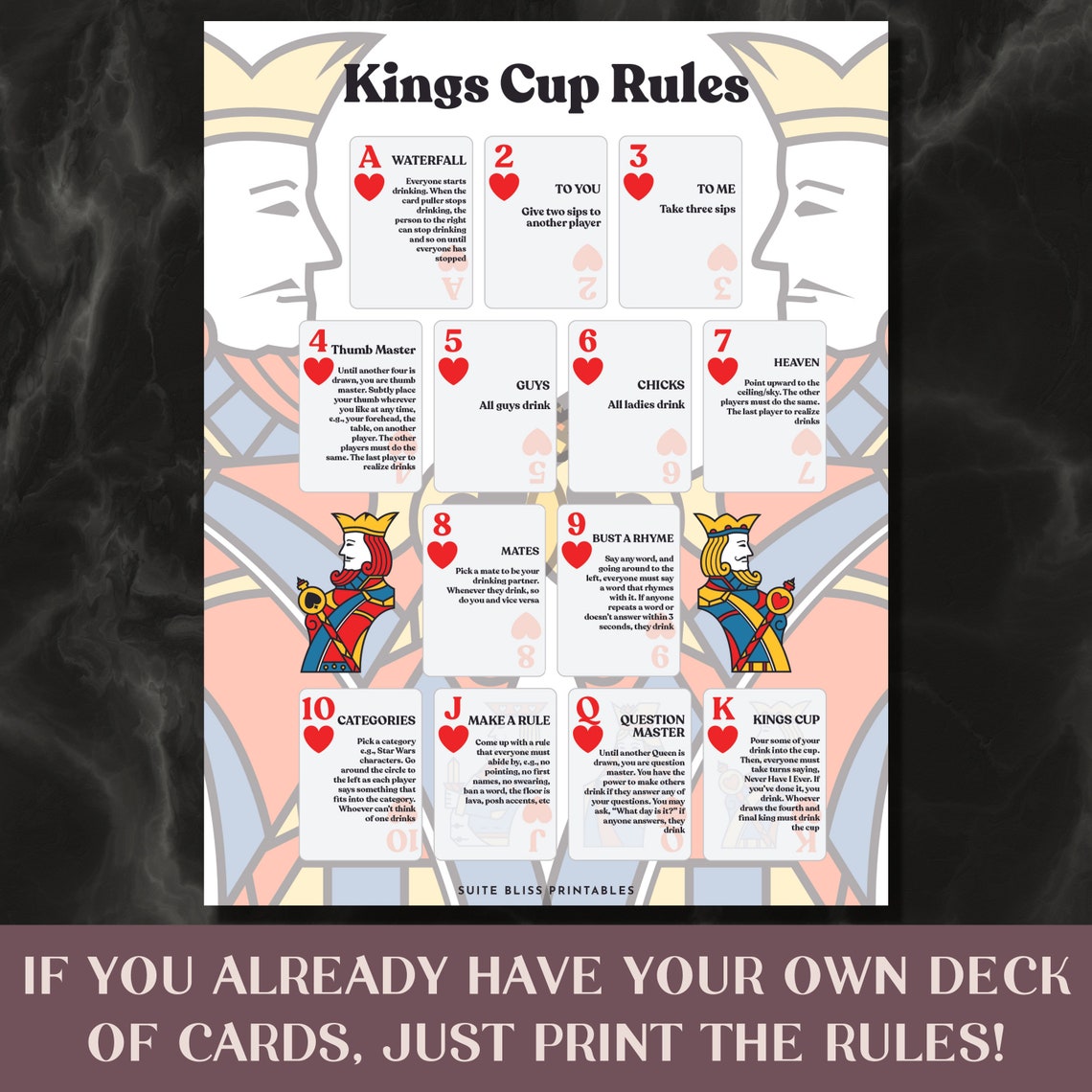 Kings Cup Rules & Playing Cards. Printable Drinking Games for Etsy