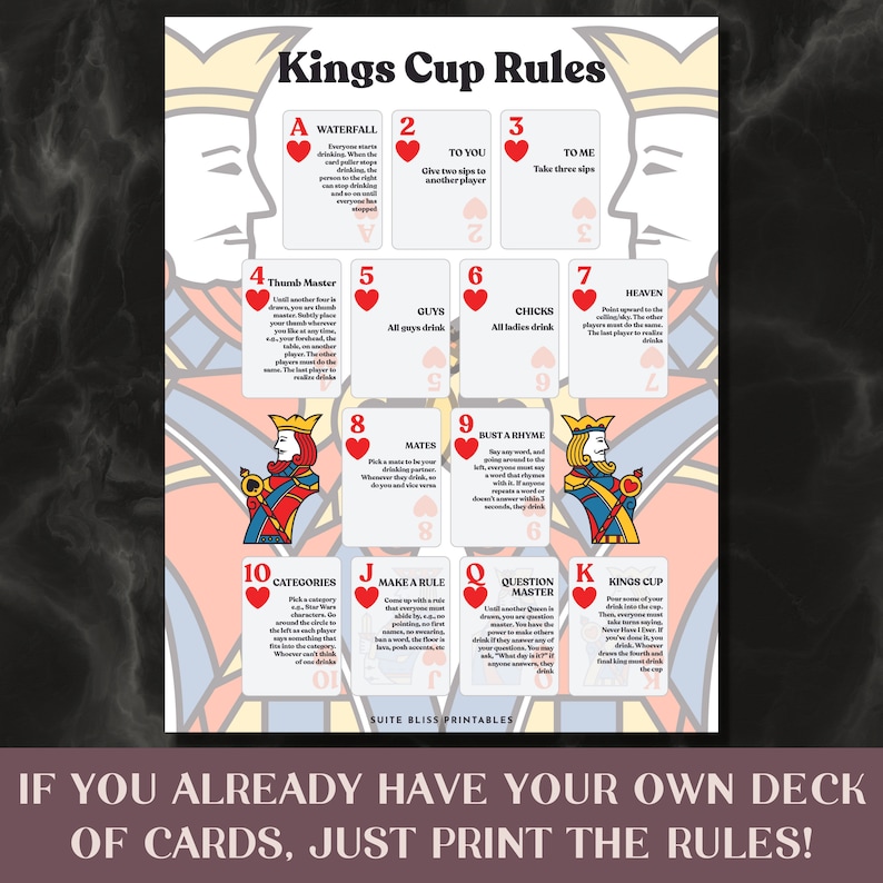 Kings Cup Rules & Playing Cards. Printable Drinking Games for Parties