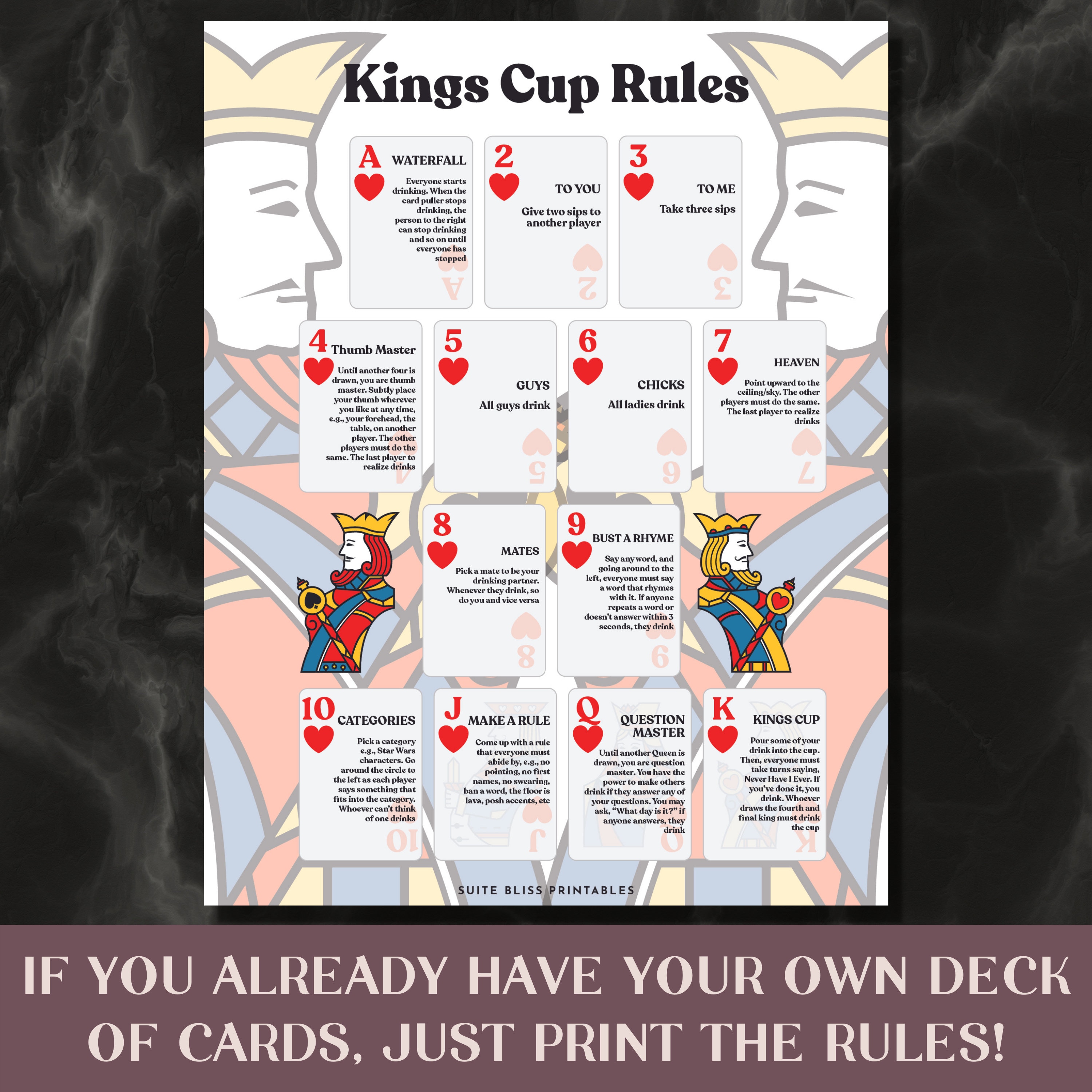 Kings Cup Rules & Playing Cards. Printable Drinking Games for Parties