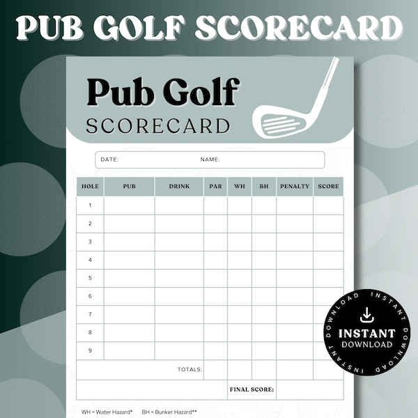 Pub Golf Scorecard | Editable Pub Golf Template | Bar Golf Scorecard | Awesome Pub Bar Golf Crawl | Drinking Games | Fun Bar Crawl Games