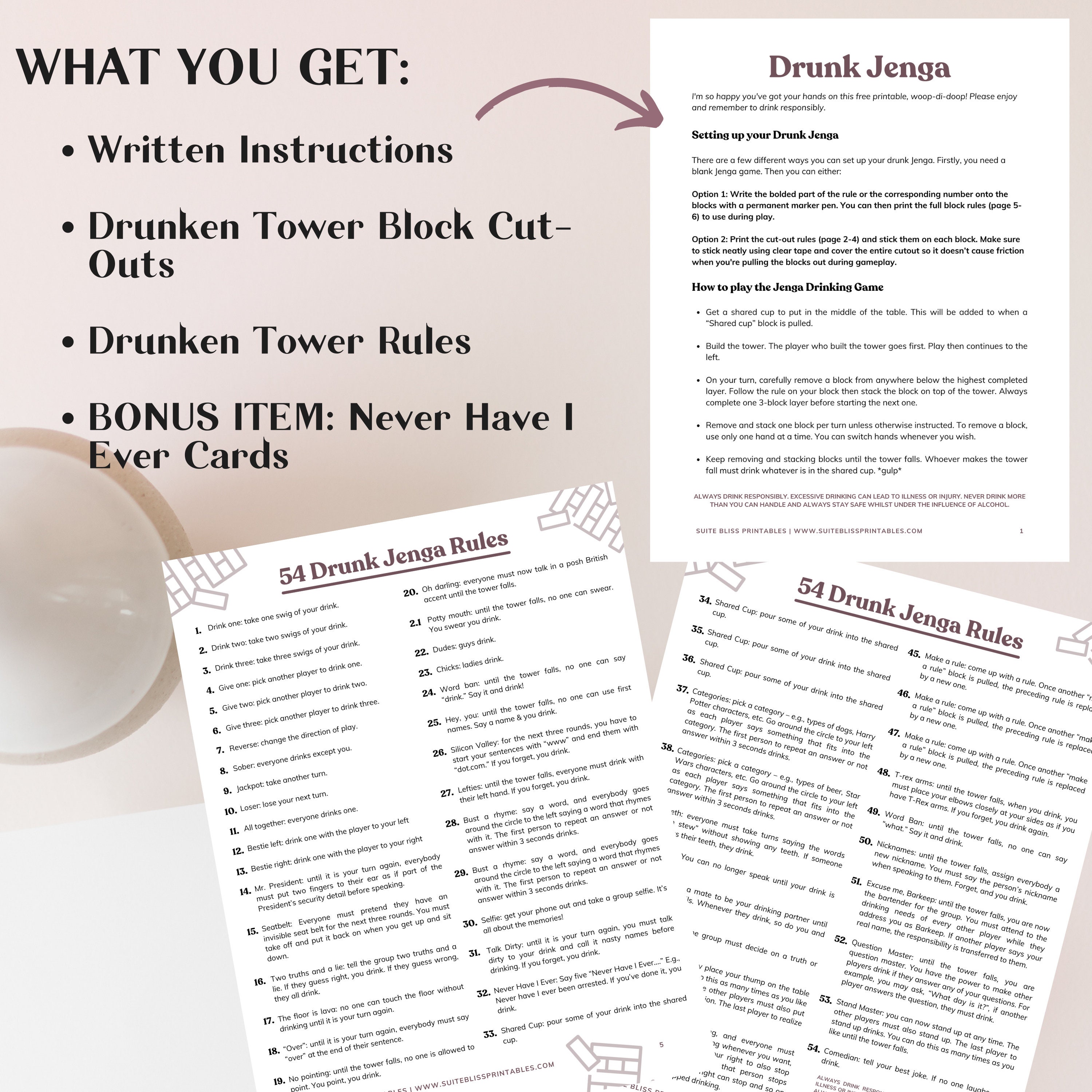 54 Printable Drunken Tower Rules to Make Your Own Jenga - Etsy
