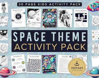 Può includere: Un pacchetto di attività stampabile colorato per bambini con tema spaziale. Il pacchetto include 30 pagine di attività come labirinti, parole crociate, pagine da colorare e molto altro. La copertina presenta un astronauta con una tuta spaziale con pianeti e stelle sullo sfondo. Il testo "SPACE THEME ACTIVITY PACK" è visualizzato in grandi caratteri grassetto.