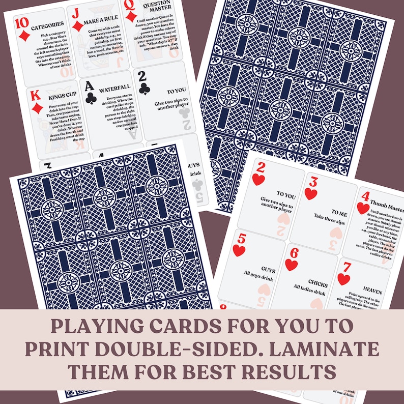 Kings Cup Rules &amp; Playing Cards. Printable Drinking Games for Parties ...