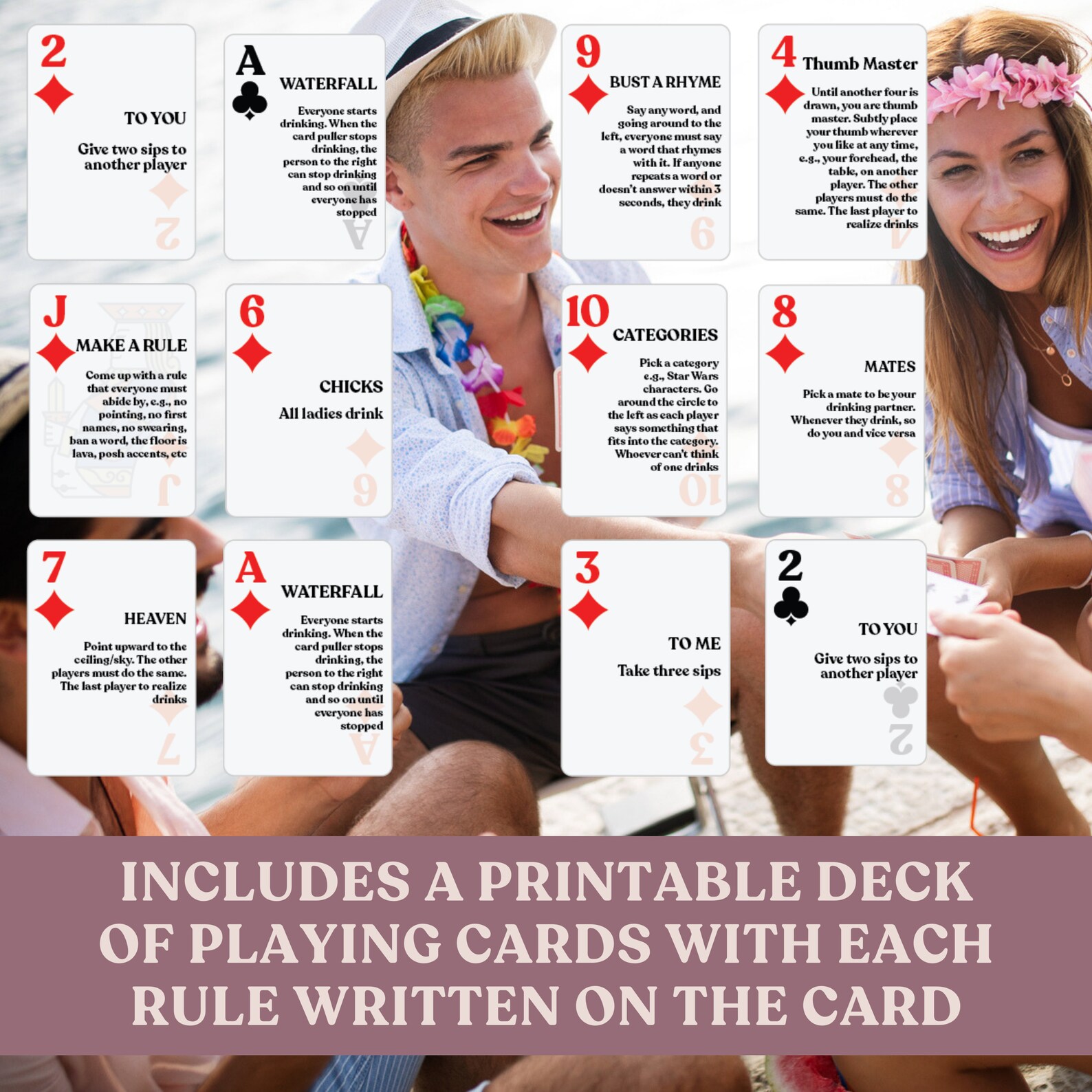Kings Cup Rules &amp; Playing Cards. Printable Drinking Games for Parties ...