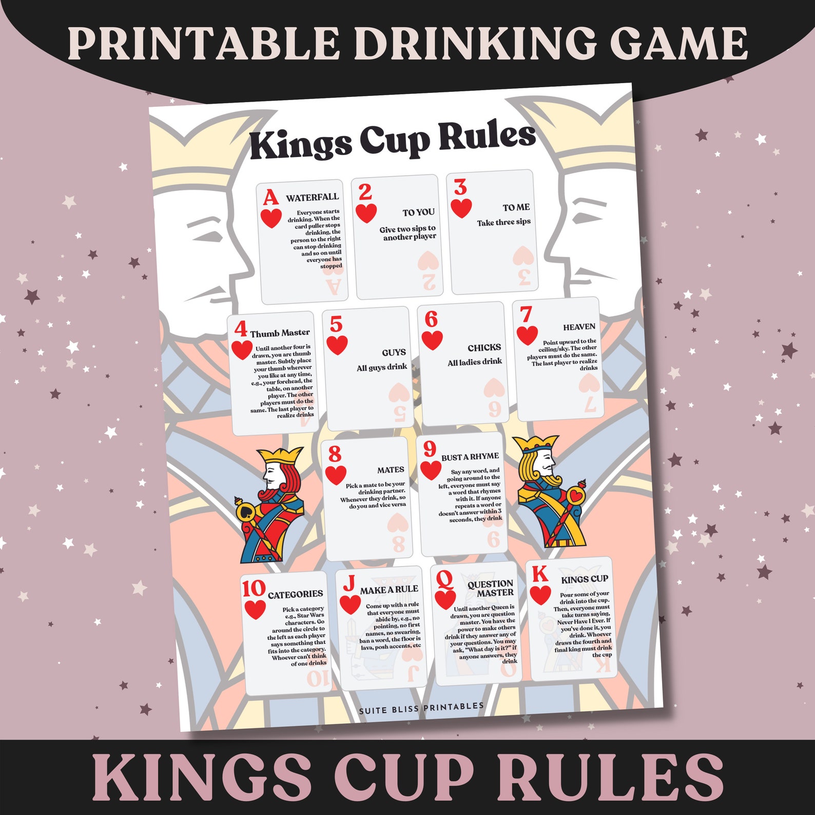 Kings Cup Rules & Playing Cards. Printable Drinking Games for Parties, Bachelorette Games
