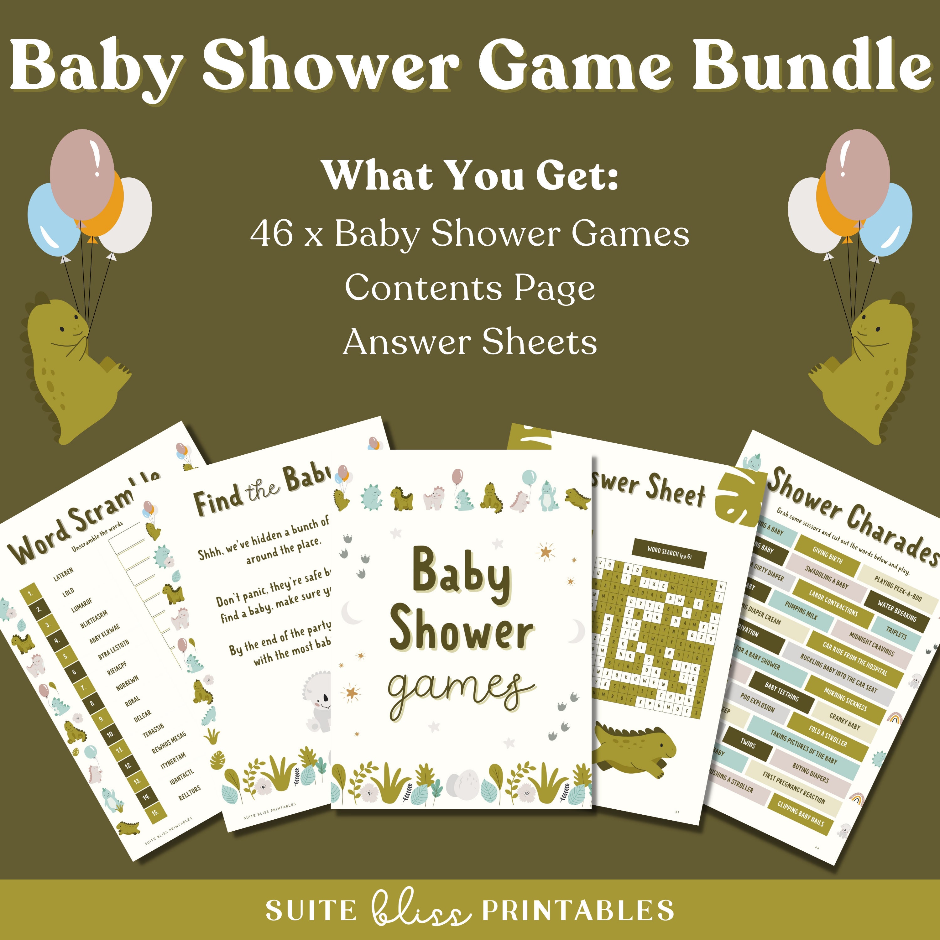 Dinosaur Baby Shower Games Bundle. 46 Printable Couples Baby Shower