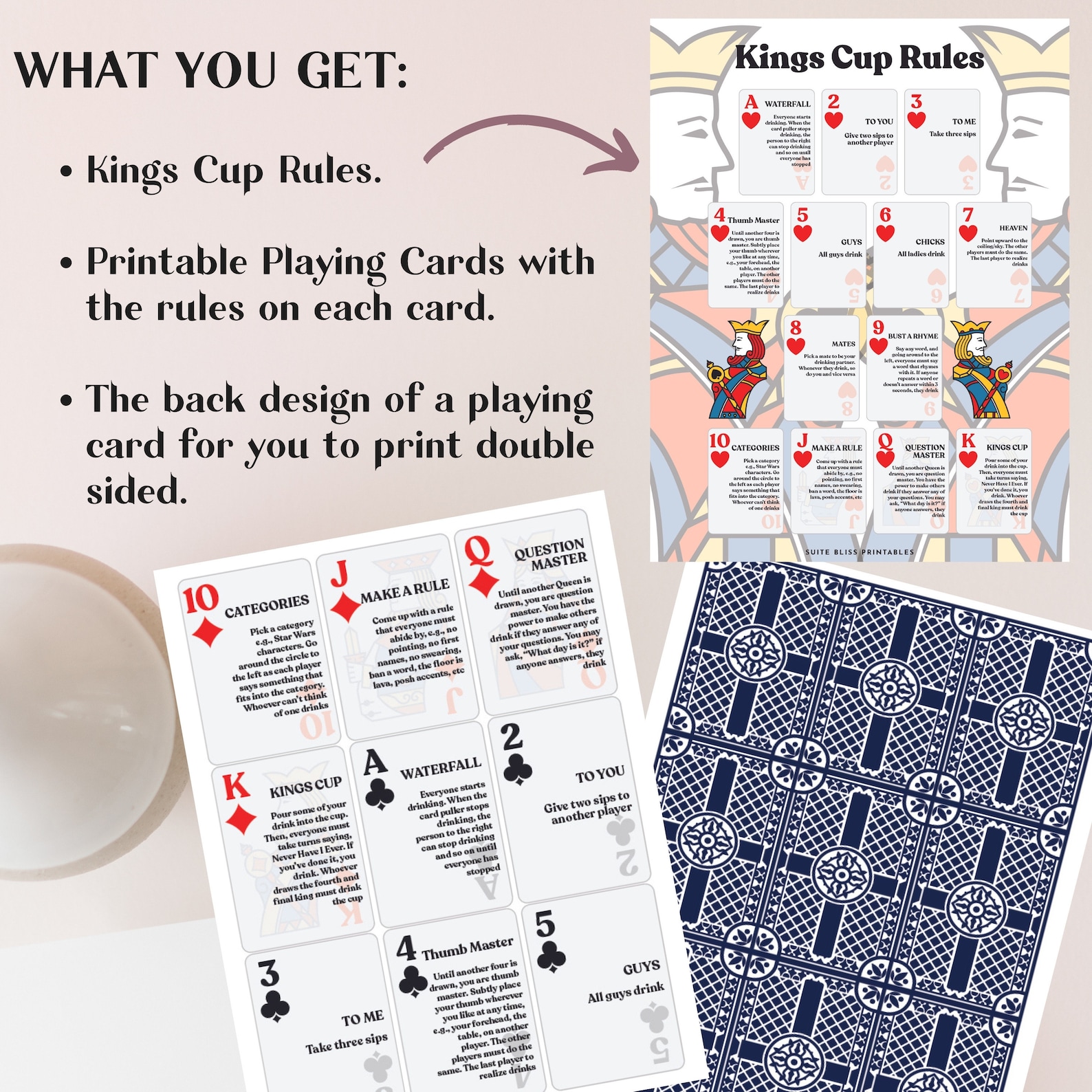 Kings Cup Rules & Playing Cards. Printable Drinking Games for Parties, Bachelorette Games