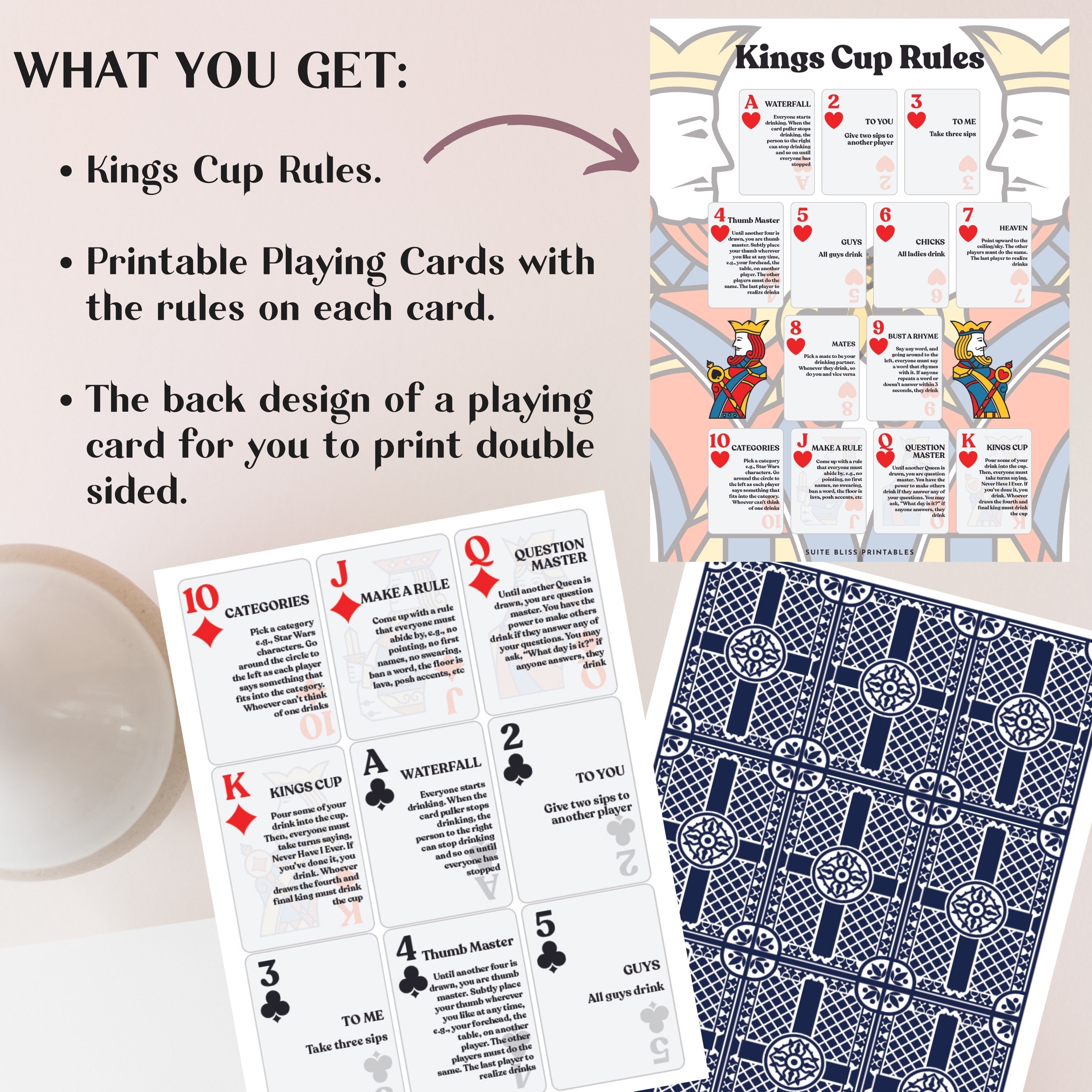 Kings Cup Rules & Playing Cards. Printable Drinking Games for Parties,  Bachelorette Games, Bridal Shower Games, and Bachelor Party Games 