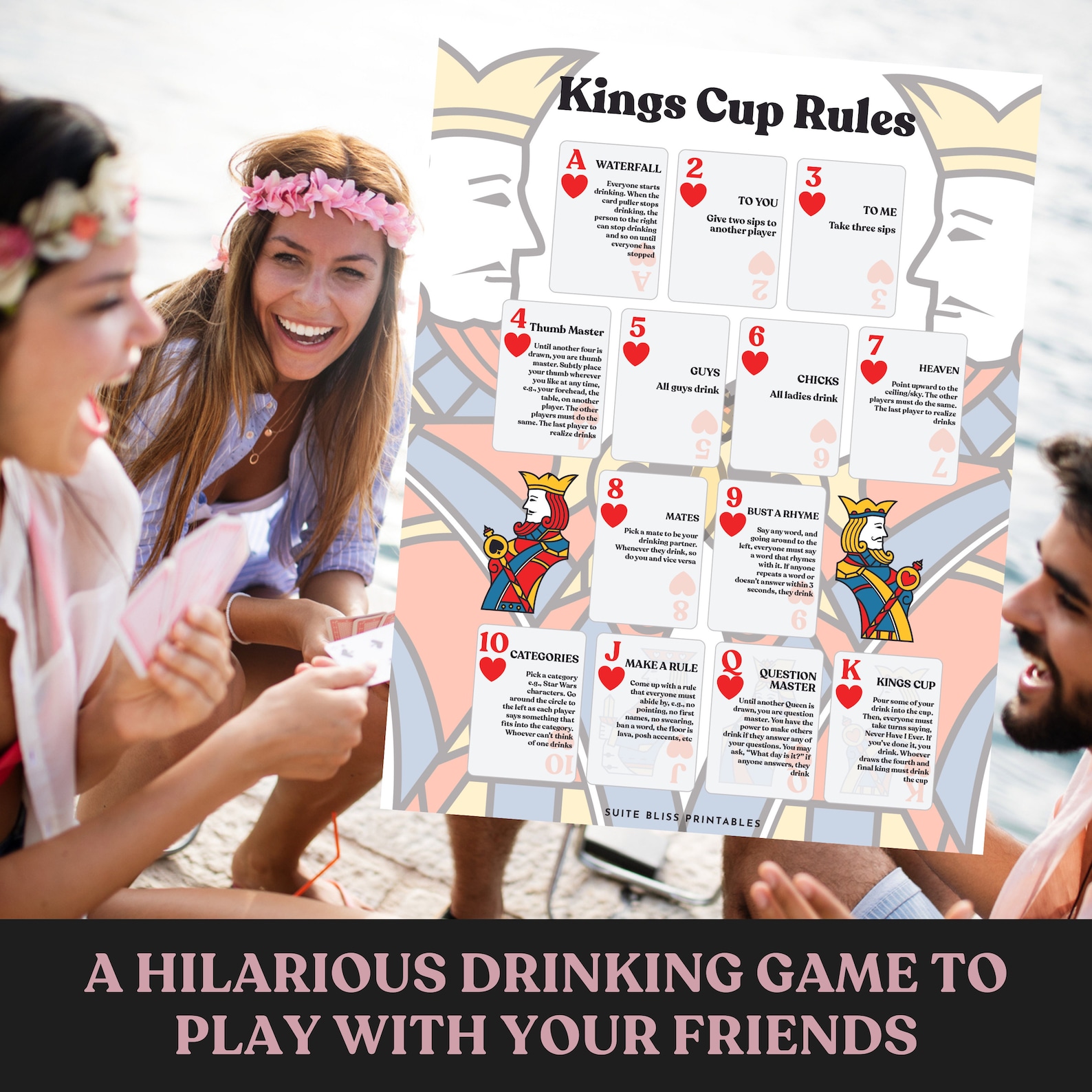 Kings Cup Rules & Playing Cards. Printable Drinking Games for Parties, Bachelorette Games