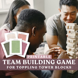 Team Building Party Games. Printable Team Building Games for Work Toppling Tower Game. Team Building Icebreaker Games, Happy Hour Games.