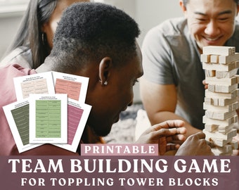 Team Building Party Games. Printable Team Building Games for Work Toppling Tower Game. Team Building Icebreaker Games, Happy Hour Games.