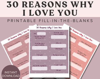 Printable I Love You Cut-Out Cards. 30 Things I Love About You - Fill in the Blank. Perfect as a 6 Month Anniversary Gift for Boyfriend
