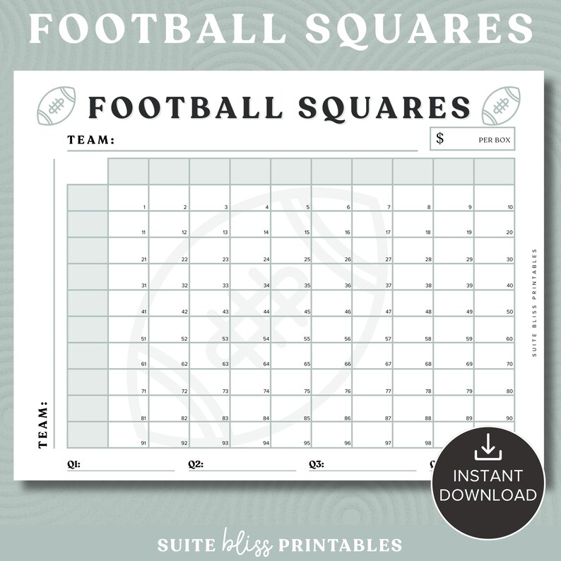 Football Squares Game Printable. Football Square Grid/ Super Bowl Squares. Football Fundraiser, Football Party Game or Football Theme Party image 1