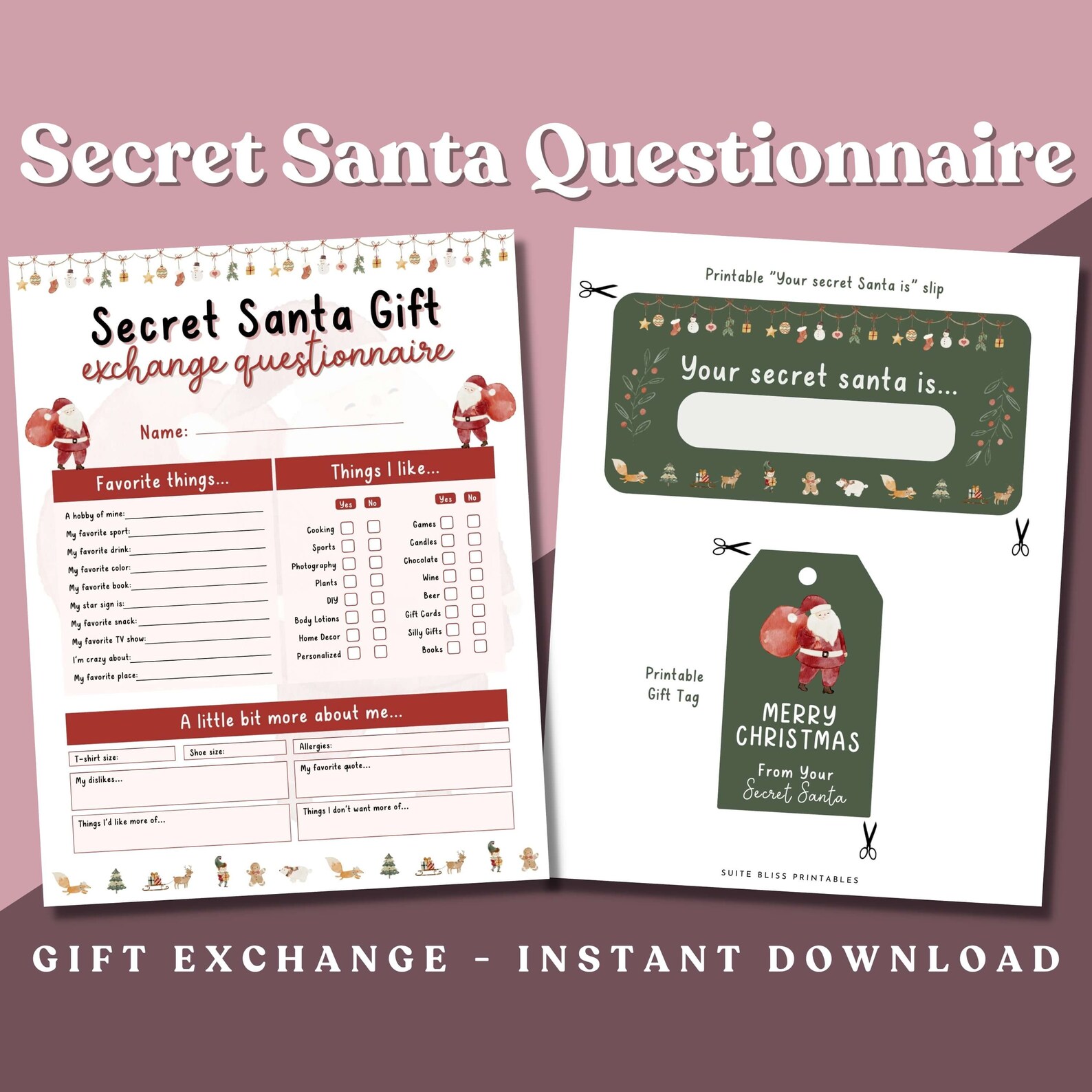 Secret Friend Forms Secret Santa Questionnaire Printable. Christmas Gift Exchange Games for ...